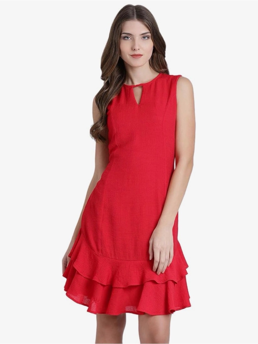 Sleeveless Red Midi Dress with Tiered Ruffle Hem
